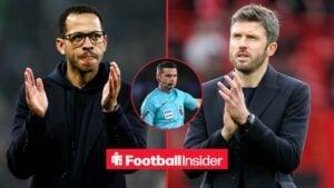 Liam Rosenior, manager of Chelsea, claps to fans after a 3-0 defeat in the Premier League match between Everton and Chelsea at Hill Dickinson Stadium in Liverpool, United Kingdom, on March 21, 2026 / Michael Carrick, Manager of Manchester United applauds the fans after the Premier League match between Manchester United and Crystal Palace at Old Trafford on March 1, 2026 / PGMOL referee Michael Oliver in a circular inset