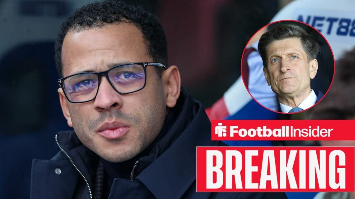 Liam Rosenior in the dugout at Selhurst Park, with Steve Parish in a circular inset
