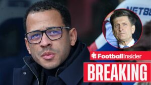 Liam Rosenior in the dugout at Selhurst Park, with Steve Parish in a circular inset