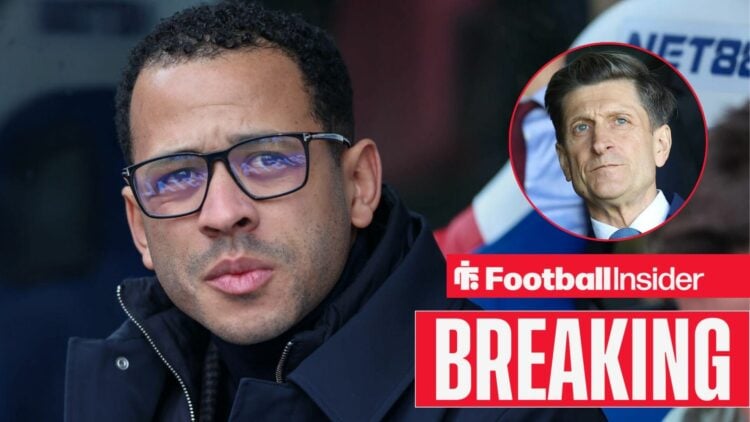 Liam Rosenior in the dugout at Selhurst Park, with Steve Parish in a circular inset