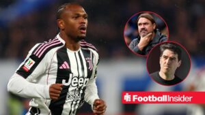 Lois Openda in action during a game for Juventus, as Leeds manager Daniel Farke and Bournemouth boss Andoni Iraola watch from a pair of circular insets.