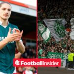 Plymouth Argyle striker Lorent Tolaj applauds before a game, as Celtic fans wave flags on the other side of a split image.