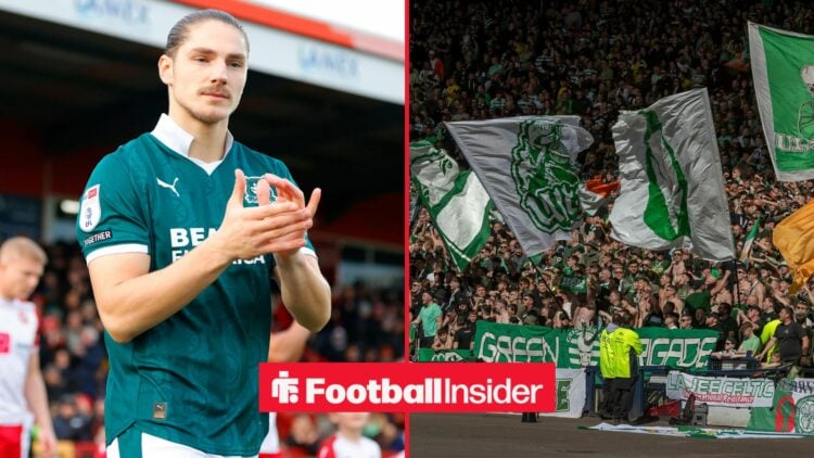 Plymouth Argyle striker Lorent Tolaj applauds before a game, as Celtic fans wave flags on the other side of a split image.