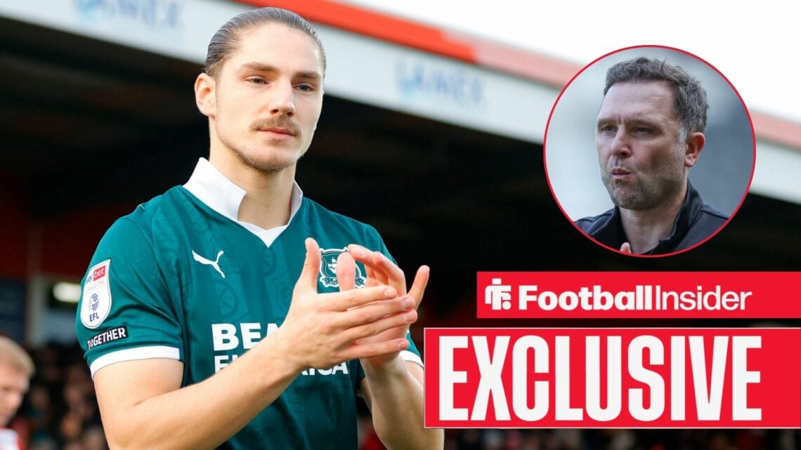 Football Insider exclusive as Plymouth striker Lorent Tolaj applauds before a game, while Derby manager John Eustace watches from a circular inset.