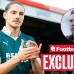 Football Insider exclusive as Plymouth striker Lorent Tolaj applauds before a game, while Derby manager John Eustace watches from a circular inset.