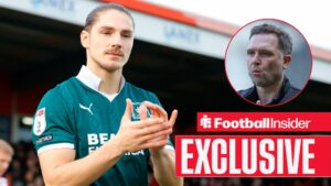 Football Insider exclusive as Plymouth striker Lorent Tolaj applauds before a game, while Derby manager John Eustace watches from a circular inset.