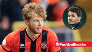 Luca Stephenson in action for Dundee United, with Danny Rohl in a circular inset