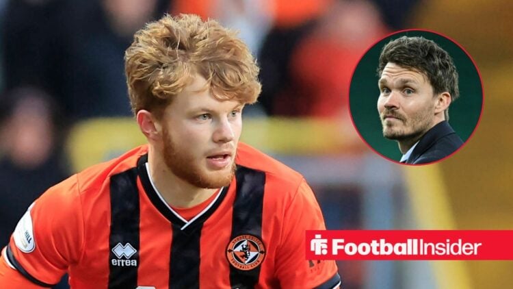 Luca Stephenson in action for Dundee United, with Danny Rohl in a circular inset