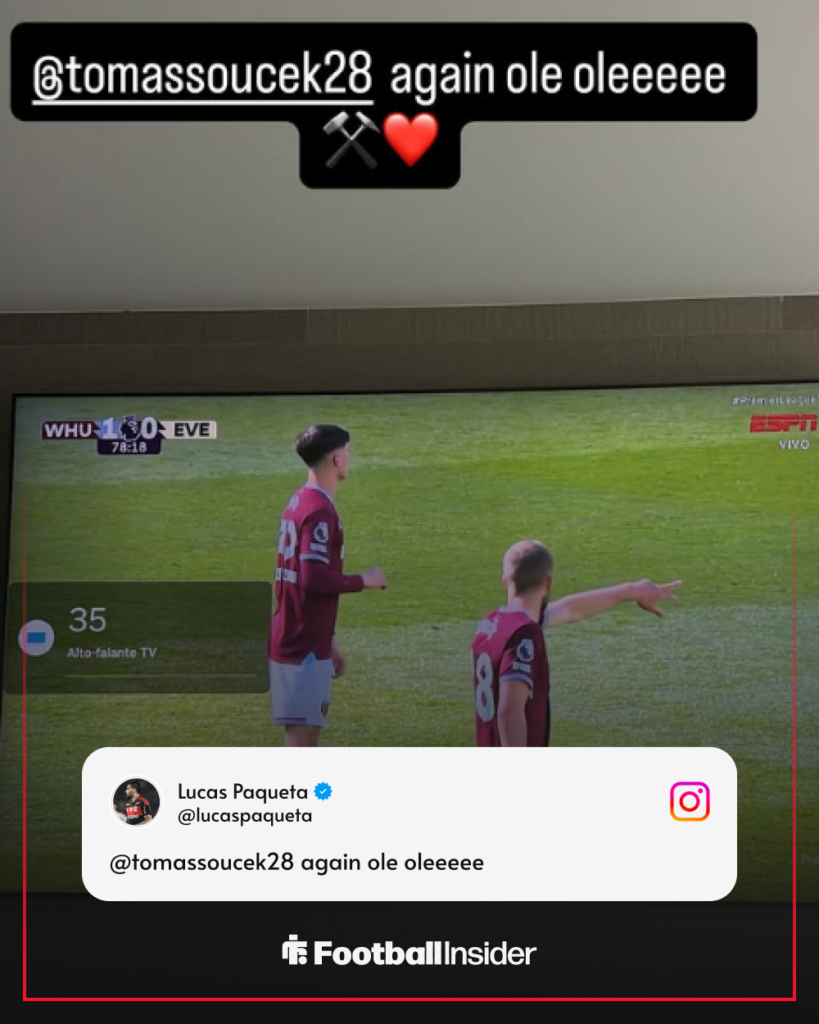 Lucas Paqueta watching West Ham vs Everton on 25 April, 2026