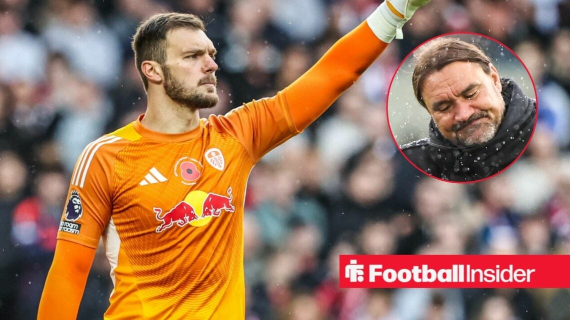 Leeds United goalkeeper Lucas Perri raises his arm during a game, as manager Daniel Farke stands in the rain in a circular inset.