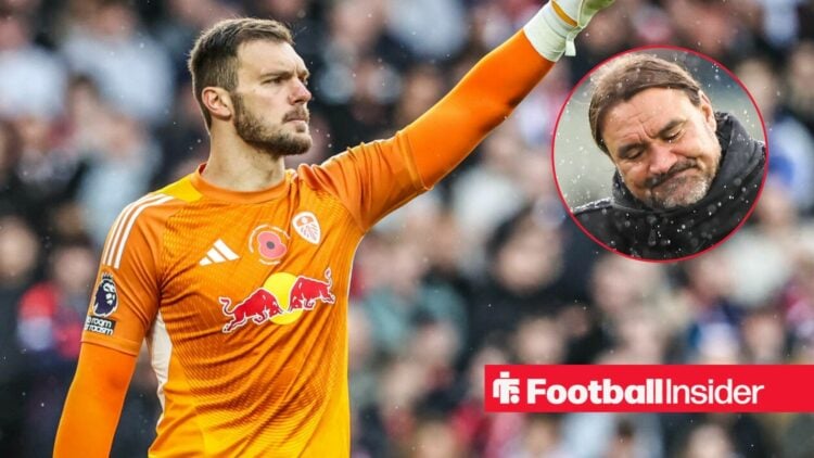 Leeds United goalkeeper Lucas Perri raises his arm during a game, as manager Daniel Farke stands in the rain in a circular inset.