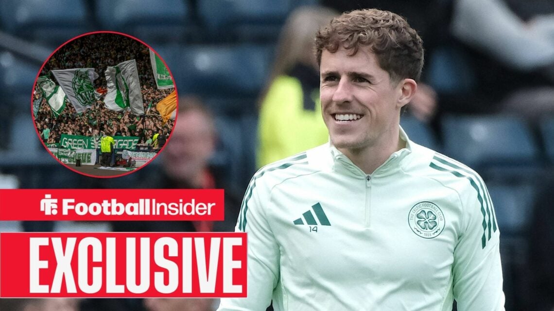 Football Insider exclusive as Celtic midfielder luke McCowan smiles while warming up for a game, as fans wave flags in a circular inset.