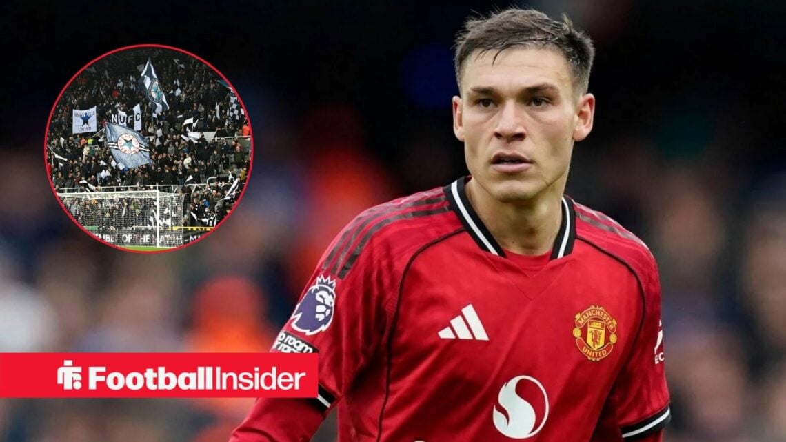 Manchester United midfielder Manuel Ugarte in action during a game, as Newcastle fans feature in a circular inset.