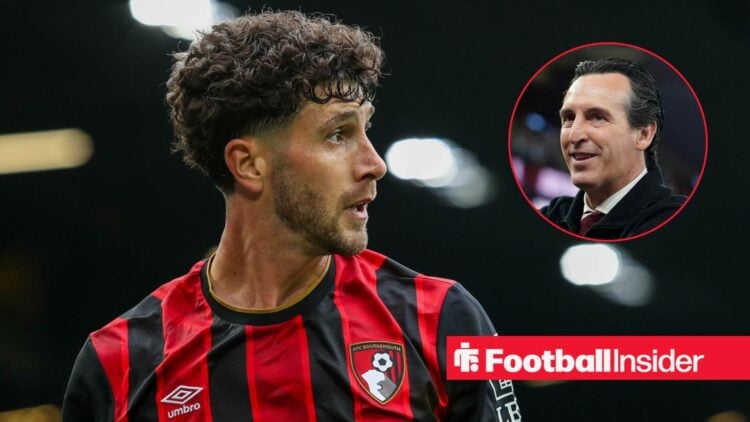 Bournemouth defender Marcos Senesi stares towards Aston Villa manager Unai Emery, who smiles in a circular inset.