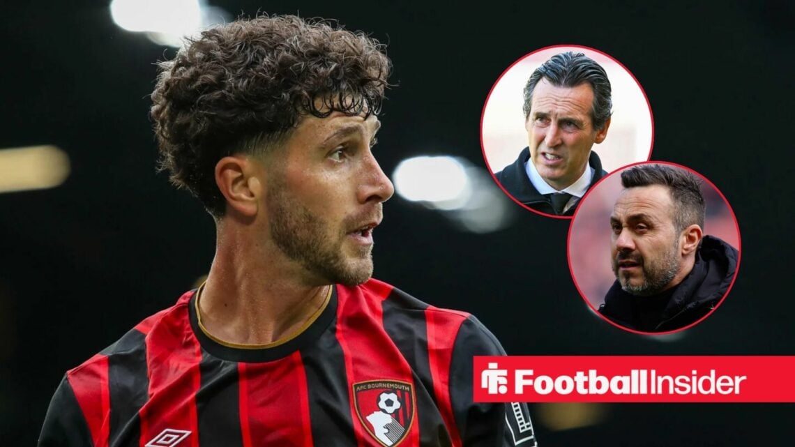 Bournemouth defender Marcos Senesi stares towards a pair of circular insets, which feature Aston Villa manager Unai Emery and Tottenham boss Robert...