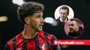 Bournemouth defender Marcos Senesi stares towards a pair of circular insets, which feature Aston Villa manager Unai Emery and Tottenham boss Roberto De Zerbi.