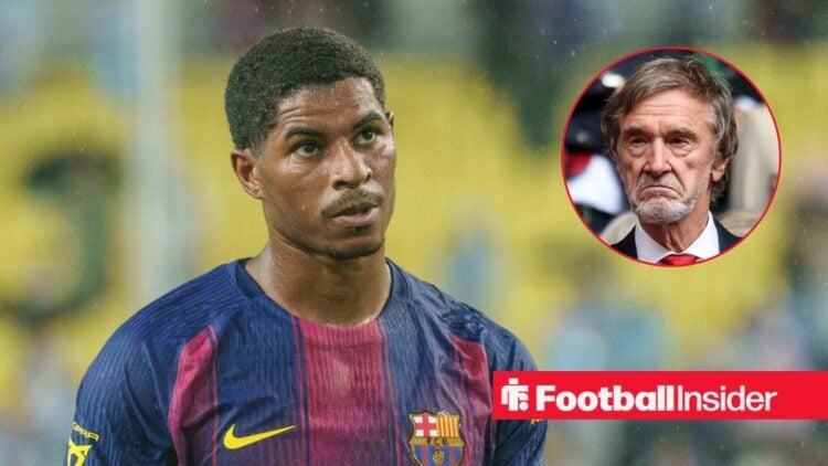 Marcus Rashford in action for Barcelona, with Jim Ratcliffe in a circular inset
