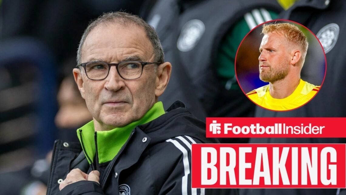 Martin O'Neill on the sidelines at Celtic, with Kasper Schmeichel in a circular inset