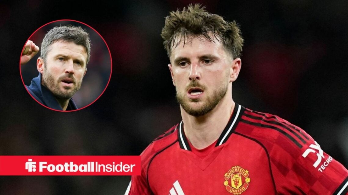 Mason Mount in action for Man United, with Michael Carrick in a circular inset