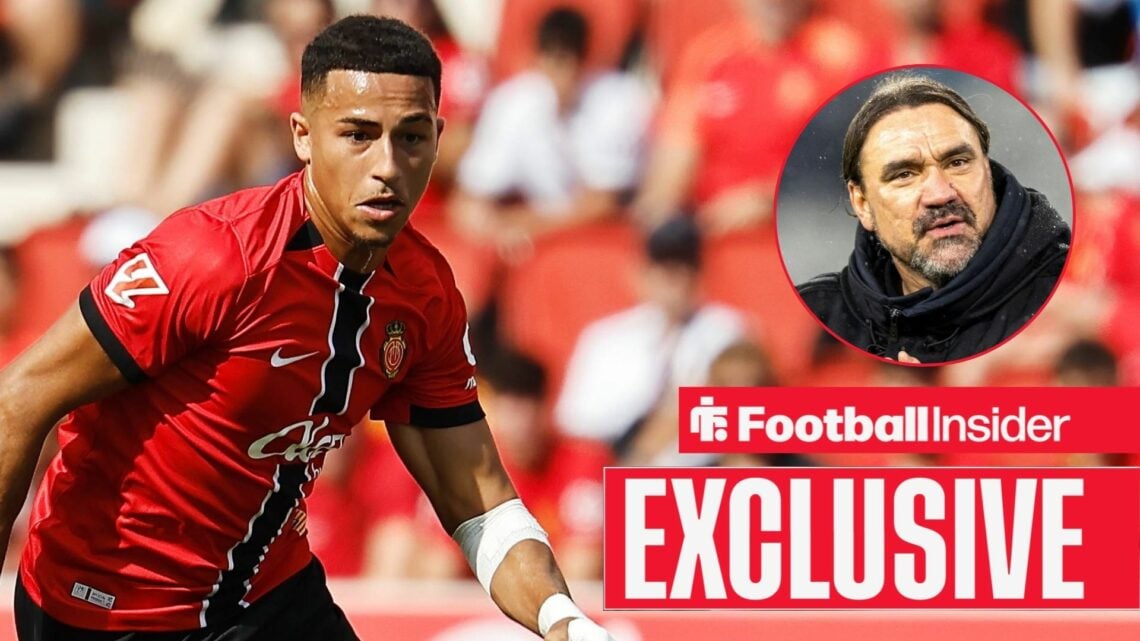 Football Insider exclusive as Mateo Joseph is in action for Mallorca, while Leeds manager Daniel Farke watches from a circular inset.