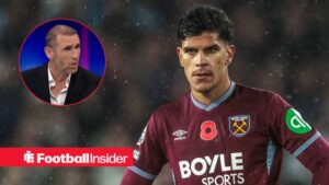 West Ham midfielder Mateus Fernandes looks concerned during a game, as pundit Martin Keown watches from a circular inset.