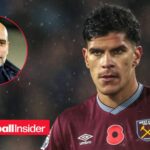 Mateus Fernandes in action for West Ham, with Pep Guardiola in a circular inset