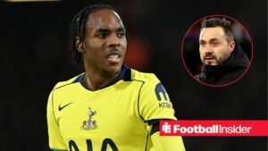 Mathys Tel in action during a game for Tottenham, as Roberto De Zerbi watches from a circular inset.