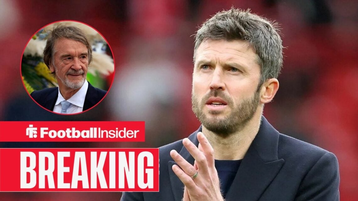 Michael Carrick on the sidelines at Man United, with Sir Jim Ratcliffe in a circular inset