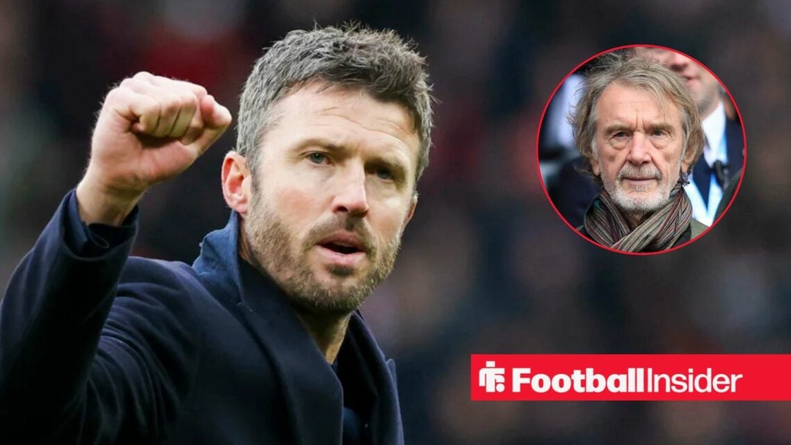 Michael Carrick on the sidelines at Man United, with Jim Ratcliffe in a circular inset