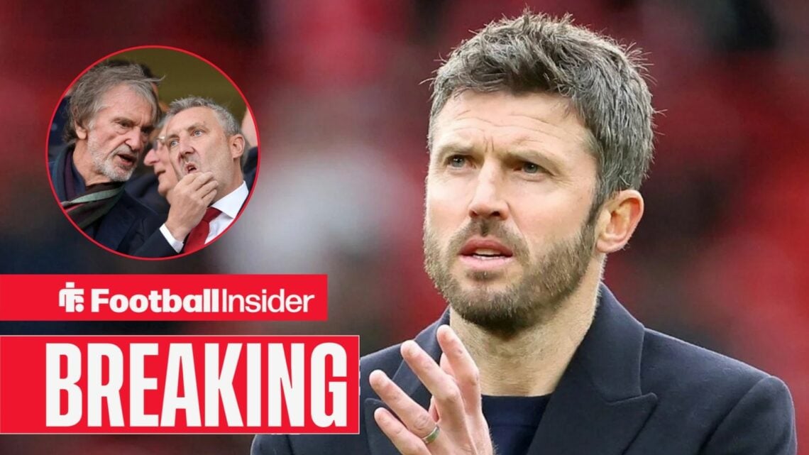 Michael Carrick on the sidelines at Man United, with Jim Ratcliffe and Jason Wilcox in a circular inset