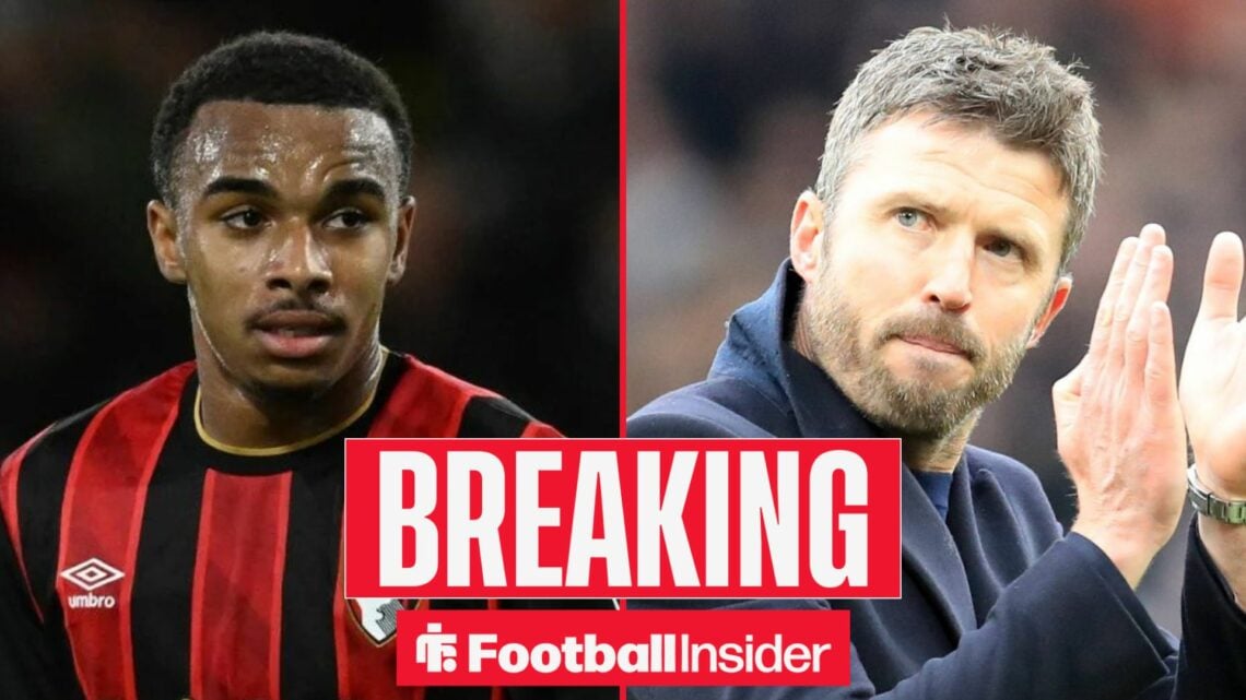 Eli Junior Kroupi in action for Bournemouth, with Michael Carrick on the sidelines at Man United