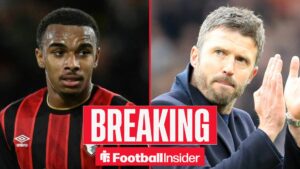 Eli Junior Kroupi in action for Bournemouth, with Michael Carrick on the sidelines at Man United