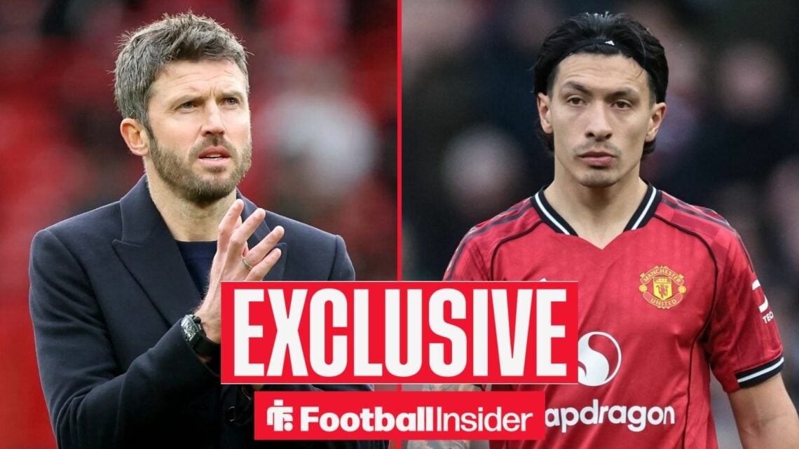 Football Insider exclusive as Manchester United manager Michael Carrick applauds, while defender Lisandro Martinez is in action on the other side o...