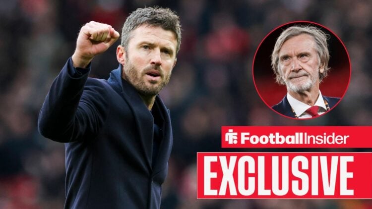 Football Insider exclusive as Manchester United manager Michael Carrick punches the air, while owner Sir Jim Ratcliffe watches from a circular inset.