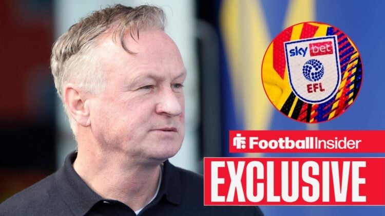 Football Insider exclusive as Blackburn manager Michael O'Neill looks towards the EFL badge, which features in a circular inset.