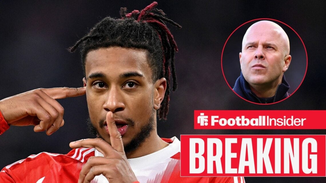 Michael Olise celebrating for Bayern Munich, with Arne Slot in a circular inset