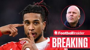 Michael Olise celebrating for Bayern Munich, with Arne Slot in a circular inset