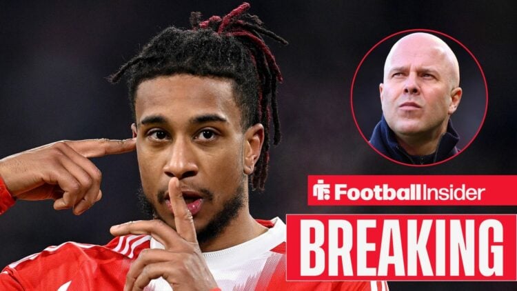 Michael Olise celebrating for Bayern Munich, with Arne Slot in a circular inset