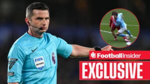 Referee Michael Oliver / Milos Kerkez takes down Rayan Cherki in the penalty area in Man City's win vs Liverpool on 4 April, 2026