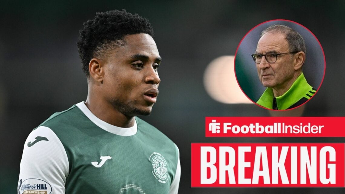 Miguel Chaiwa in action for Hibernian, with Matin O'Neill in a circular inset