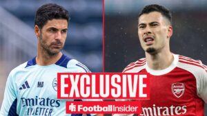 Football Insider exclusive as Arsenal manager Mikel Arteta looks across a split image towards Gabriel Martinelli, who scowls during a game.