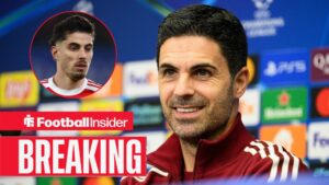 Mikel Arteta with Kai Havertz included in a circular inset