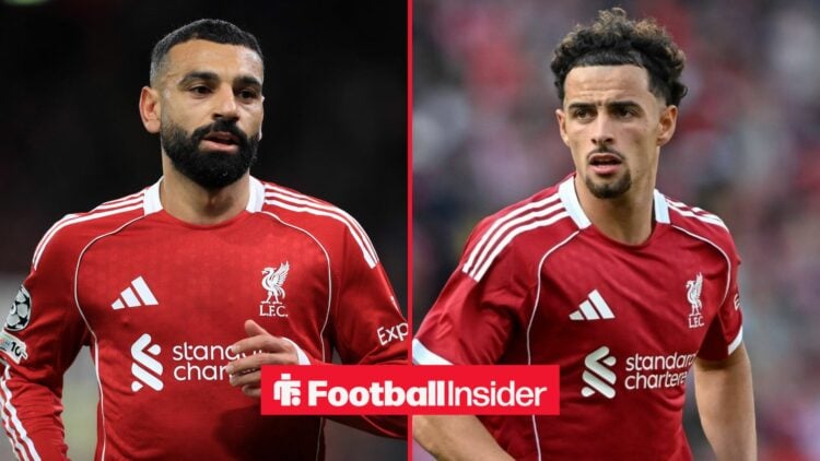 Mohamed Salah and Curtis Jones in action for Liverpool on either side of a split image.