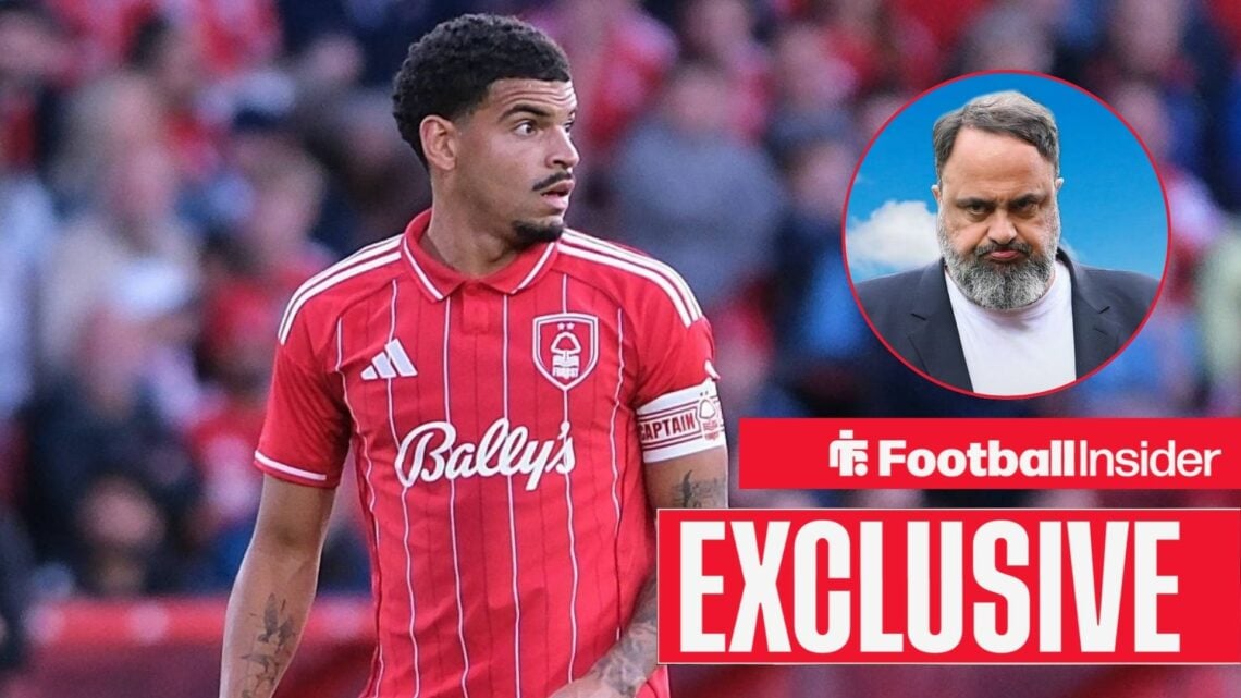 Nottingham Forest midfielder Morgan Gibbs-White alongside a circular inset of club owner Evangelos Marinakis