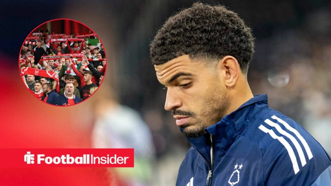 Nottingham Forest midfielder Morgan Gibbs-White stares at the ground before a game, as the fans hold scarves aloft in a circular inset.