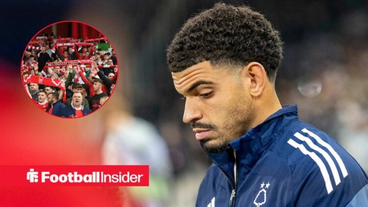 Nottingham Forest midfielder Morgan Gibbs-White stares at the ground before a game, as the fans hold scarves aloft in a circular inset.