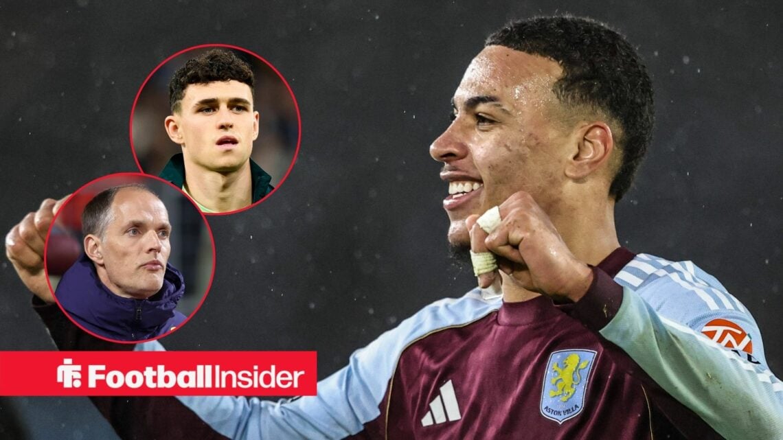 Aston Villa star Morgan Rogers punches the air after a game, as Phil Foden and Thomas Tuchel watch from a pair of circular insets.