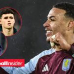 Aston Villa star Morgan Rogers punches the air after a game, as Phil Foden and Thomas Tuchel watch from a pair of circular insets.