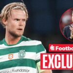 Football Insider exclusive as Morten Hjulmand is in action for Sporting CP, while Manchester United manager Michael Carrick applauds in a circular inset.