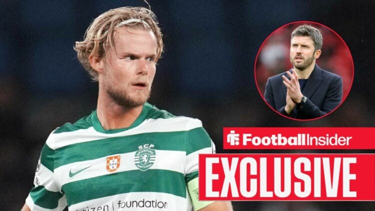 Football Insider exclusive as Morten Hjulmand is in action for Sporting CP, while Manchester United manager Michael Carrick applauds in a circular ...